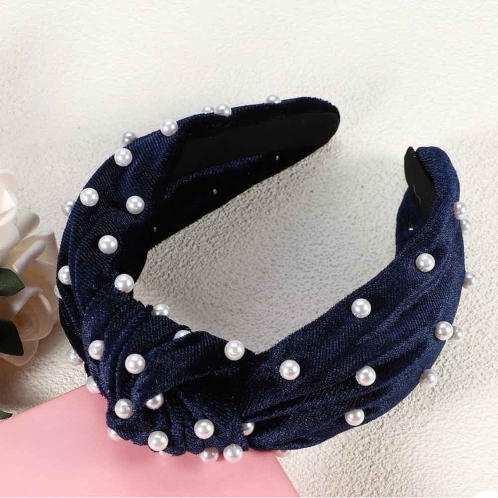 Elegant Pearl-Studded Velvet Headband - Choice of Blue, Black or Pink